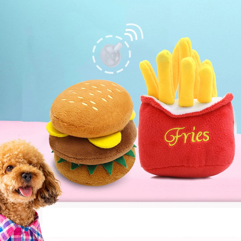 Pet Funny Dog Teeth Hamburger Puppy Chew Sound Novelty Stuffed Plush Toys French Fries Teething Squeaky