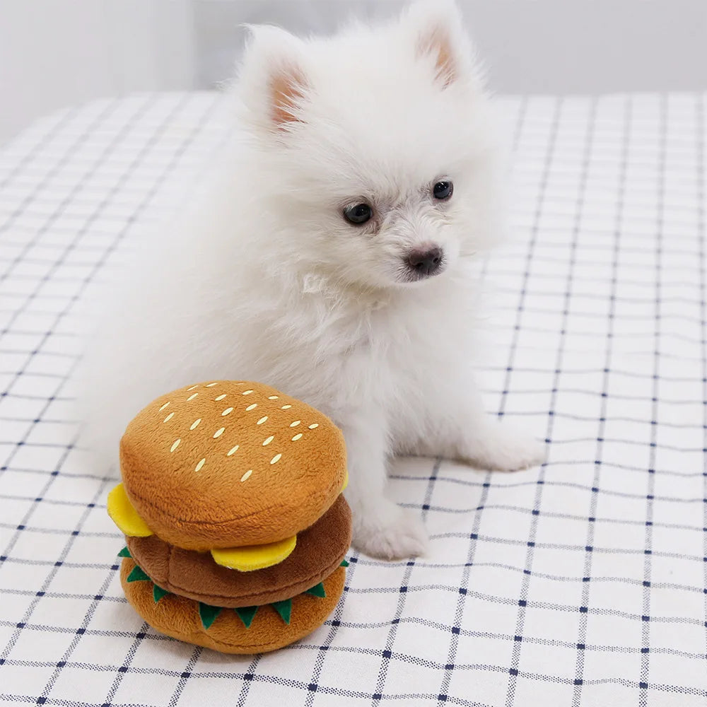 Pet Funny Dog Teeth Hamburger Puppy Chew Sound Novelty Stuffed Plush Toys French Fries Teething Squeaky