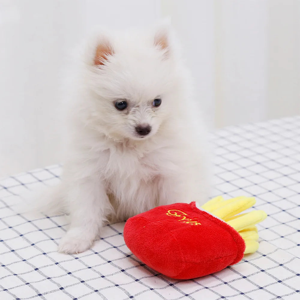 Pet Funny Dog Teeth Hamburger Puppy Chew Sound Novelty Stuffed Plush Toys French Fries Teething Squeaky