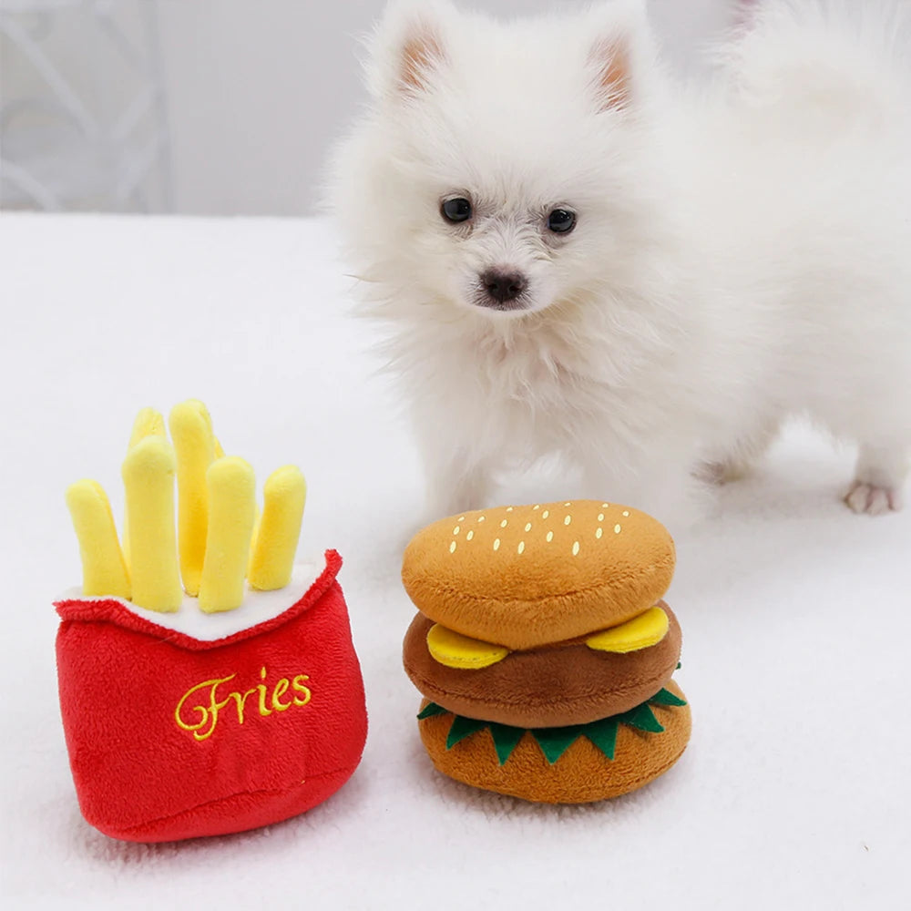 Pet Funny Dog Teeth Hamburger Puppy Chew Sound Novelty Stuffed Plush Toys French Fries Teething Squeaky