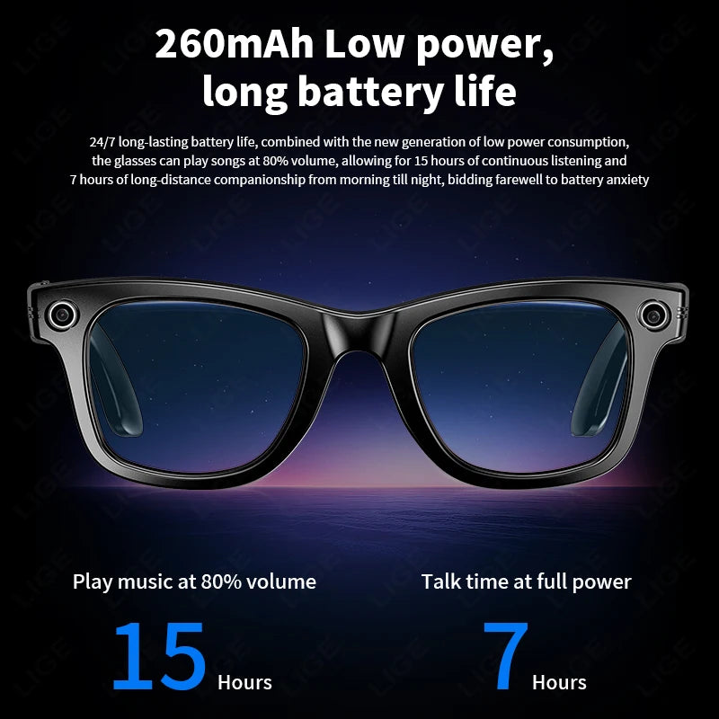 LIGE Smart Glasses – Bluetooth AI Camera Glasses with Music, Calls, Photo Capture & IP65 Waterproof