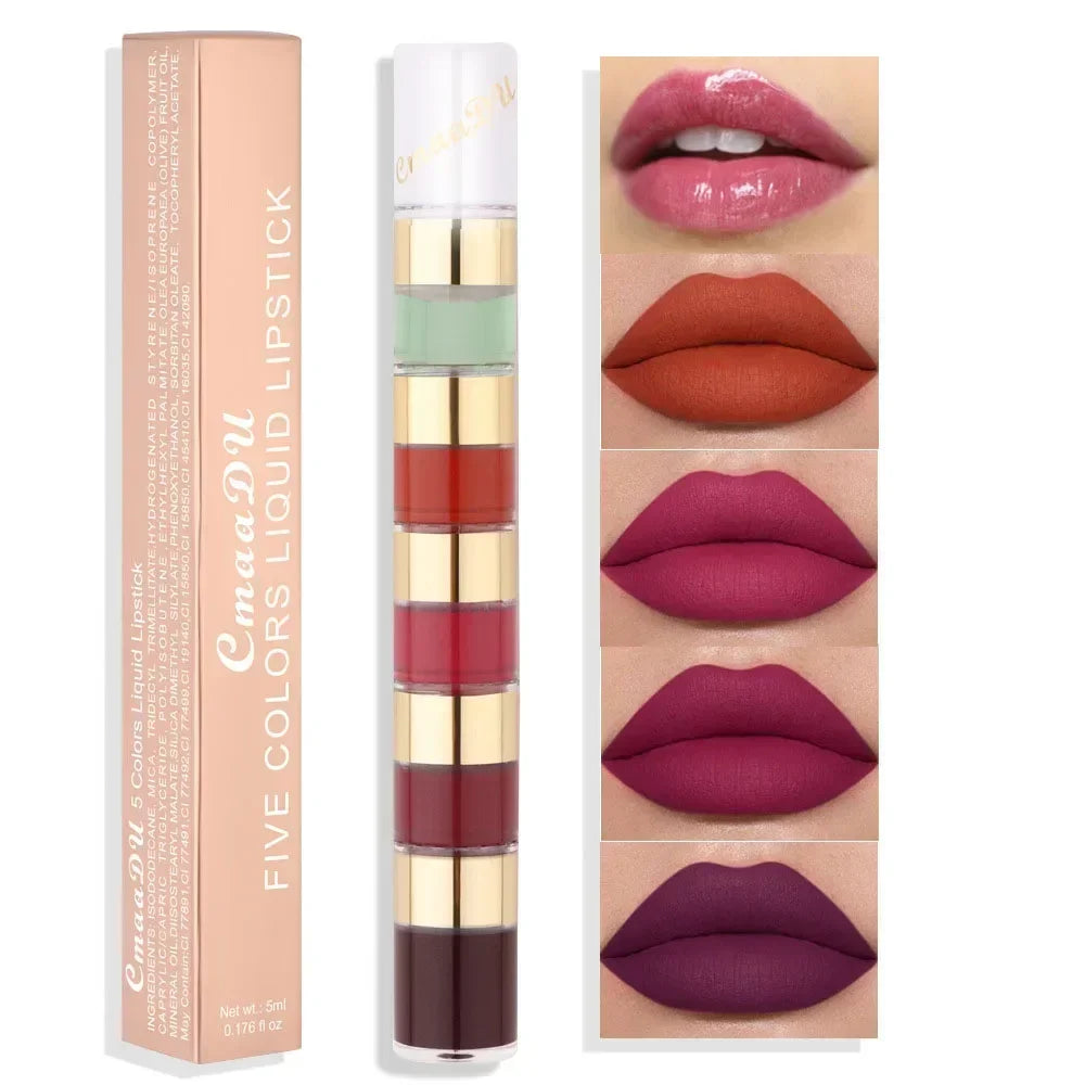 5 In 1 Matte Lipstick Kit Combo Strip Velvet Sexy Red LipTint Non-stick Cup LipGloss Lip Oil Makeup Lips Cosmetic Set