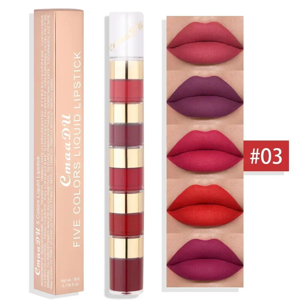 5 In 1 Matte Lipstick Kit Combo Strip Velvet Sexy Red LipTint Non-stick Cup LipGloss Lip Oil Makeup Lips Cosmetic Set