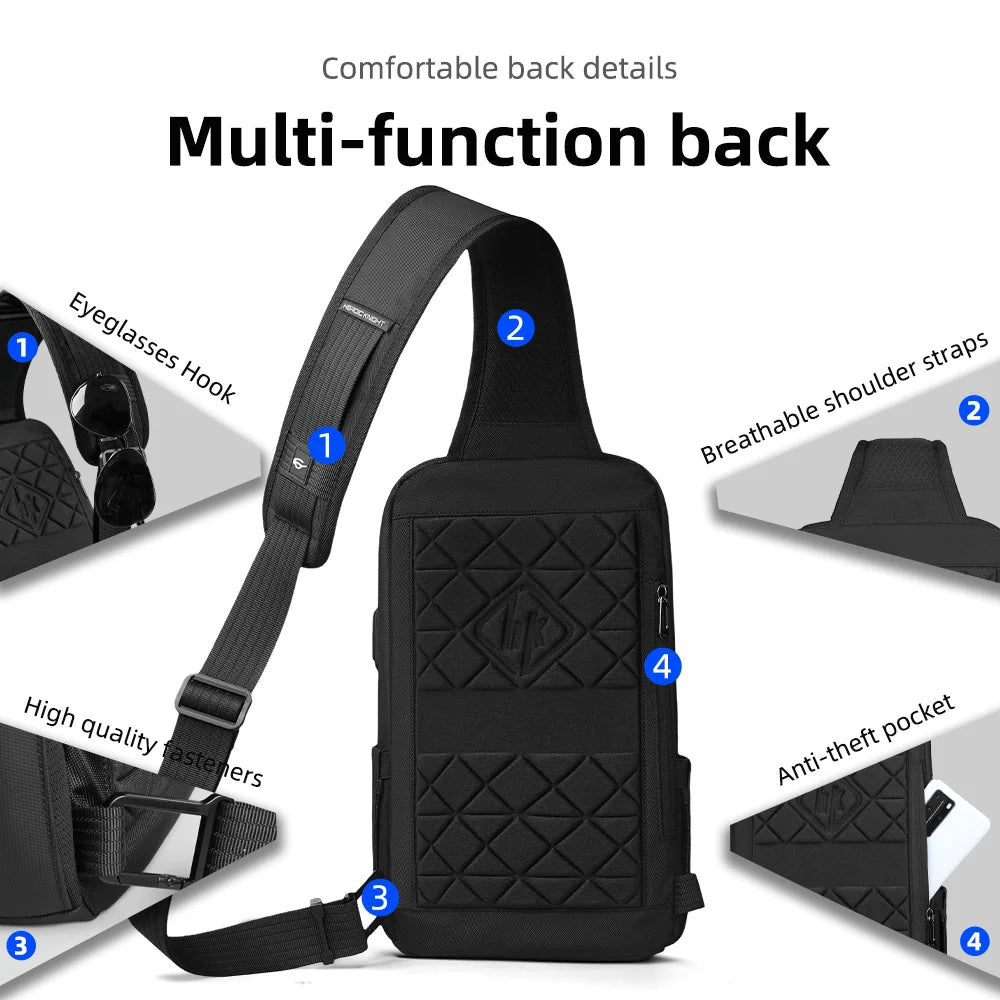 HK Anti-theft Men's Shoulder Bag Waterproof Chest Crossbody Bag with USB Oxford Leisure Satchel Multi-Pockets Sling Bag for Male