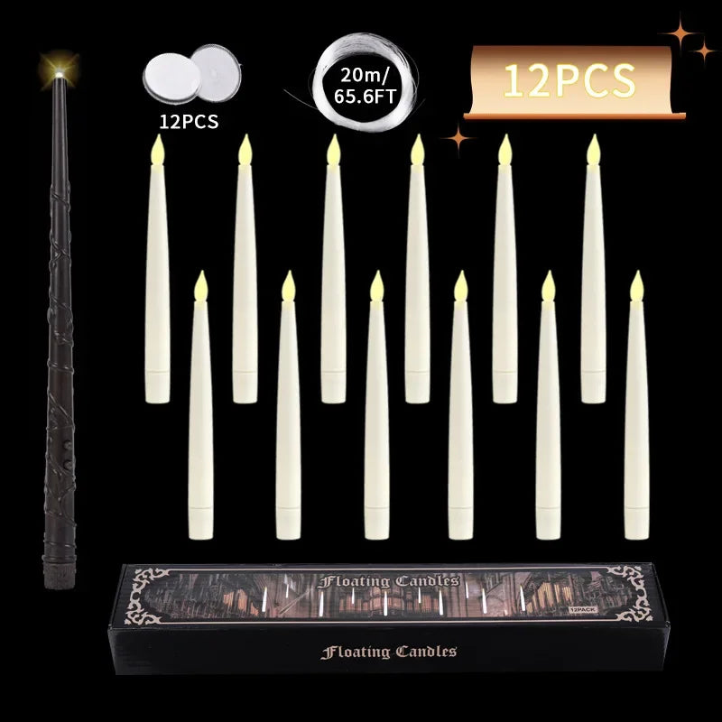 Floating LED Candles with Wand – Flameless Flickering Warm Light for Halloween & Party Decoration