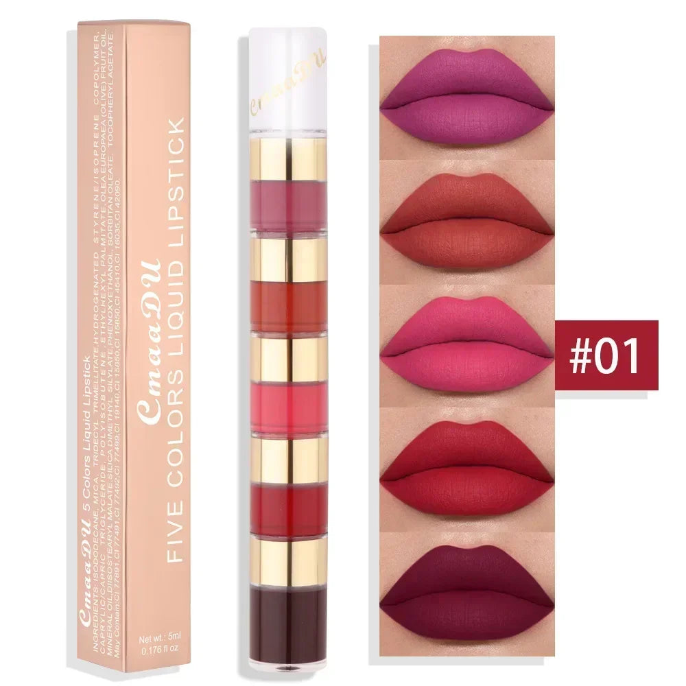 5 In 1 Matte Lipstick Kit Combo Strip Velvet Sexy Red LipTint Non-stick Cup LipGloss Lip Oil Makeup Lips Cosmetic Set