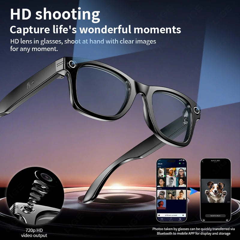 LIGE Smart Glasses – Bluetooth AI Camera Glasses with Music, Calls, Photo Capture & IP65 Waterproof