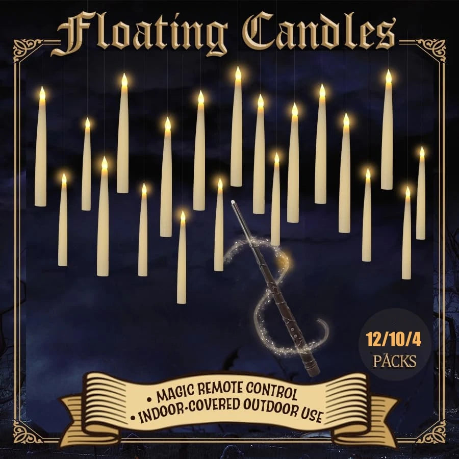 Floating LED Candles with Wand – Flameless Flickering Warm Light for Halloween & Party Decoration