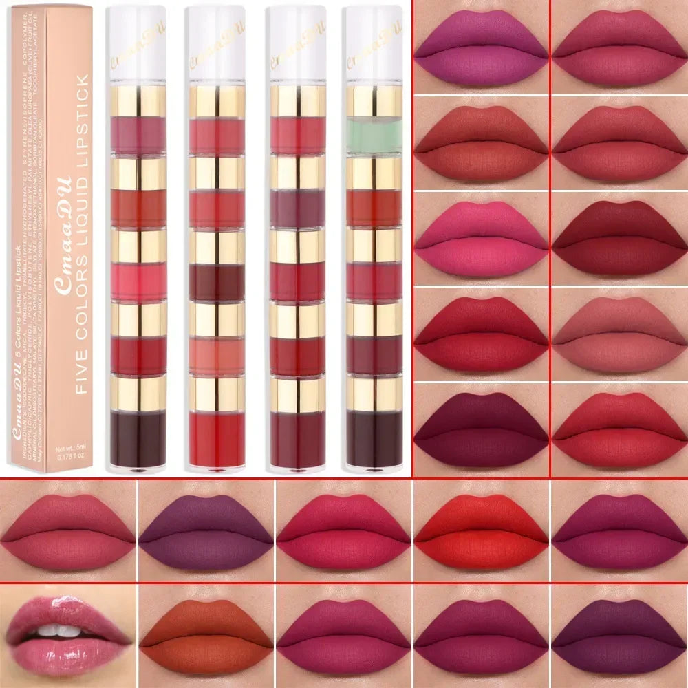 5 In 1 Matte Lipstick Kit Combo Strip Velvet Sexy Red LipTint Non-stick Cup LipGloss Lip Oil Makeup Lips Cosmetic Set