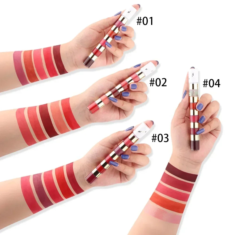 5 In 1 Matte Lipstick Kit Combo Strip Velvet Sexy Red LipTint Non-stick Cup LipGloss Lip Oil Makeup Lips Cosmetic Set