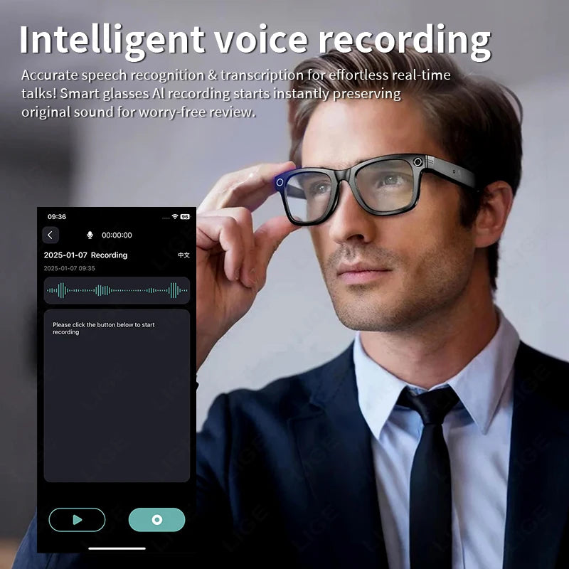 LIGE Smart Glasses – Bluetooth AI Camera Glasses with Music, Calls, Photo Capture & IP65 Waterproof