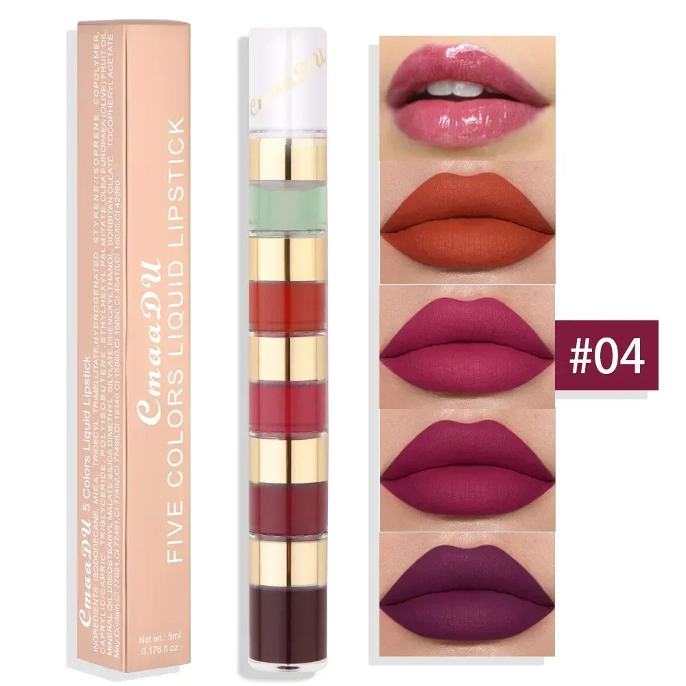 5 In 1 Matte Lipstick Kit Combo Strip Velvet Sexy Red LipTint Non-stick Cup LipGloss Lip Oil Makeup Lips Cosmetic Set