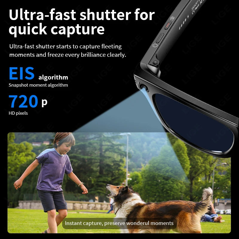 LIGE Smart Glasses – Bluetooth AI Camera Glasses with Music, Calls, Photo Capture & IP65 Waterproof
