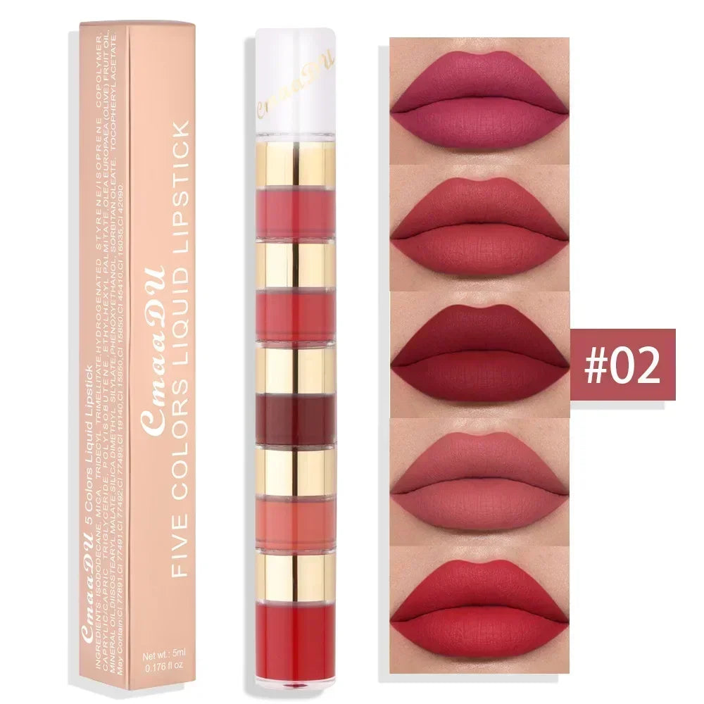 5 In 1 Matte Lipstick Kit Combo Strip Velvet Sexy Red LipTint Non-stick Cup LipGloss Lip Oil Makeup Lips Cosmetic Set