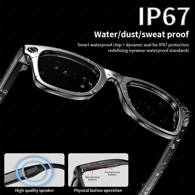 LIGE Smart Glasses – Bluetooth AI Camera Glasses with Music, Calls, Photo Capture & IP65 Waterproof